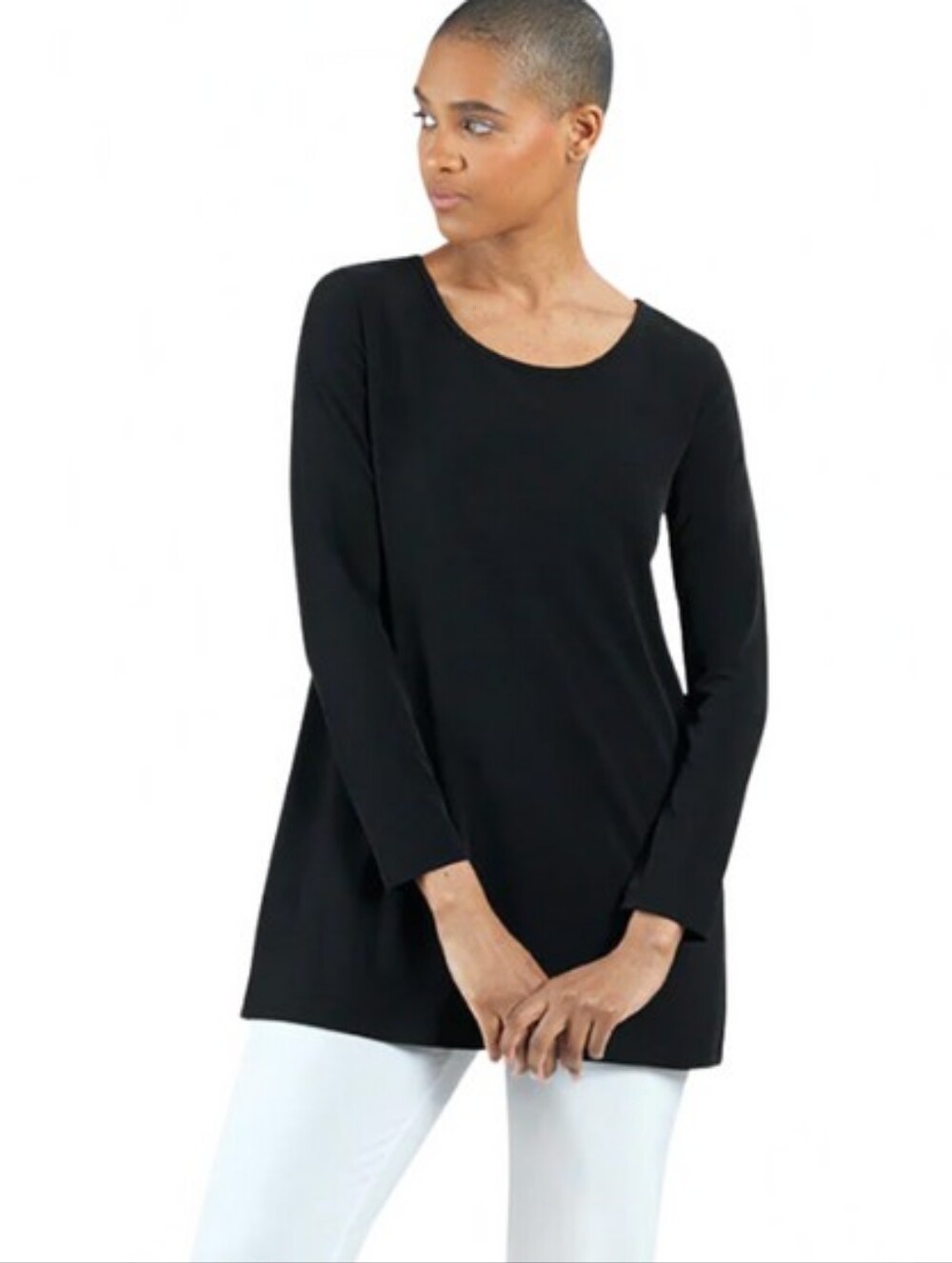 Clara Sun Woo Basic Long Sleeve Tunic L Black Minimal Lagenlook Travel Stretch